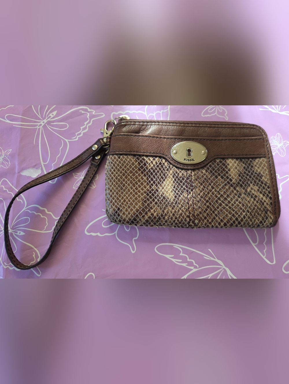 Fossil Brown Snake-Embossed Leather Wristlet